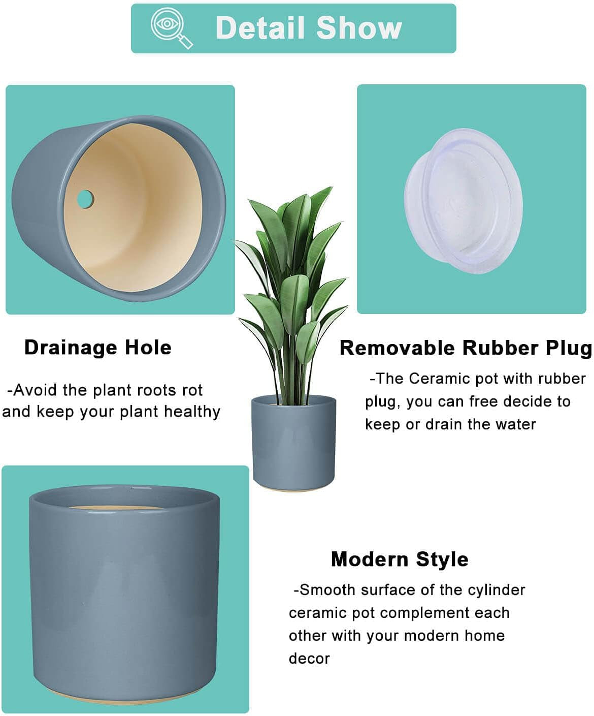 Matte Grey Ceramic Cylinder Plant Pot with Drainage, 1 Pack 8 Inch Large Ceramic Modern round Planter Pot, Glazed Flower Pots with Removable Rubber Plug for Indoor Outdoor Plant