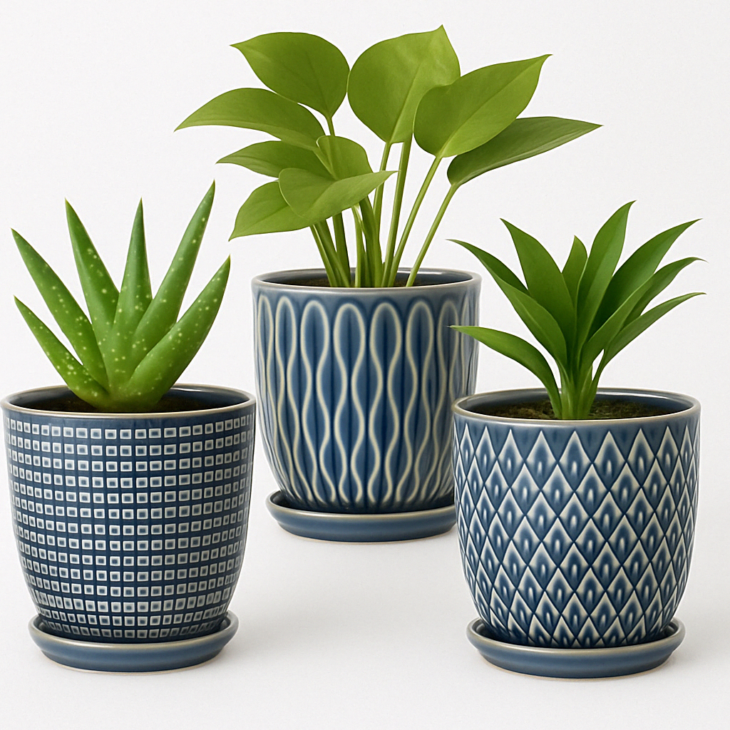 Ceramic Planter Set – 3 Pcs 4" Blue with Trays