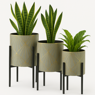 Gray & Gold Metal Planters with Black Stands – 3pc