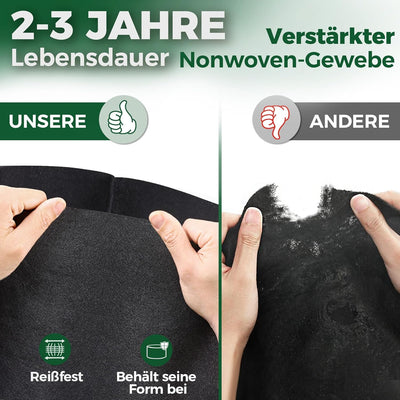 Image clearly showing the reinforced handles of the grow bag, demonstrating its sturdy construction for easy lifting.