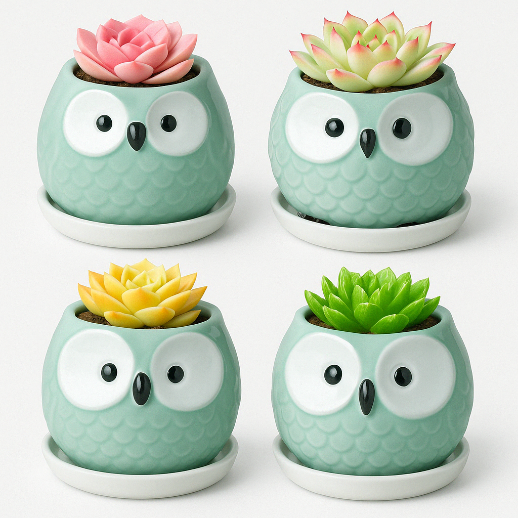 Mini Owl Planters – 2.8" Turquoise (Set of 4)