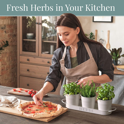 The farmhouse herb planter set displayed on a kitchen windowsill with lush green herbs.