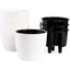 A 4-pack of white self-watering planters with a black inner basket, showcasing the water level indicator.