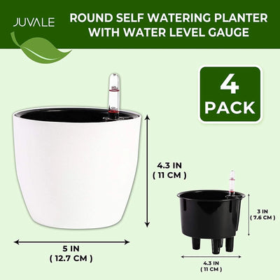 Close-up of the self-watering planter highlighting the built-in reservoir and the visible water level indicator.