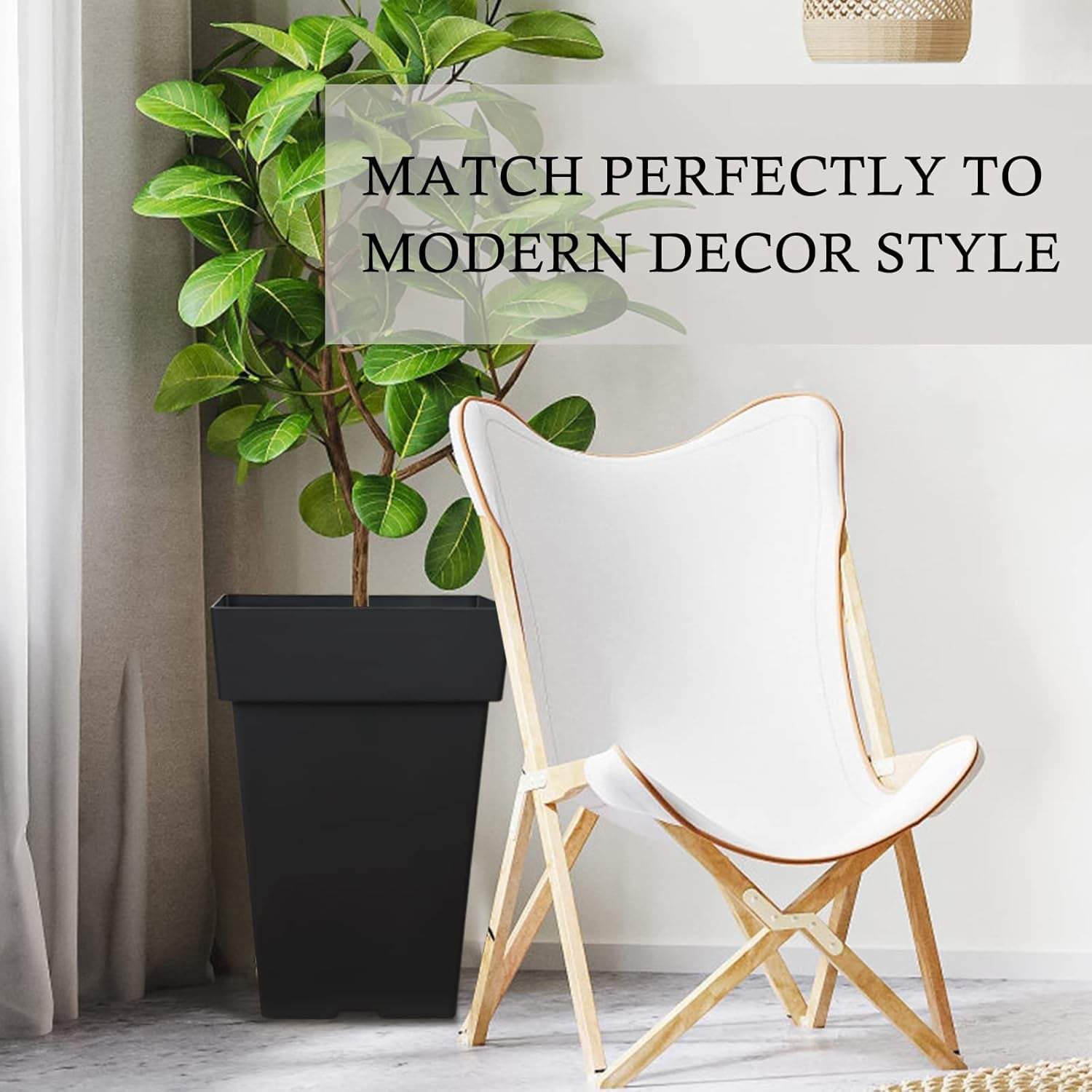 Different types of plants like ferns, snake plants, or small trees thriving in the 20-inch black tall planters.