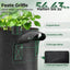 Various vegetables like potatoes, tomatoes, or bell peppers actively growing in the 10-gallon black grow bags in an outdoor garden setting.