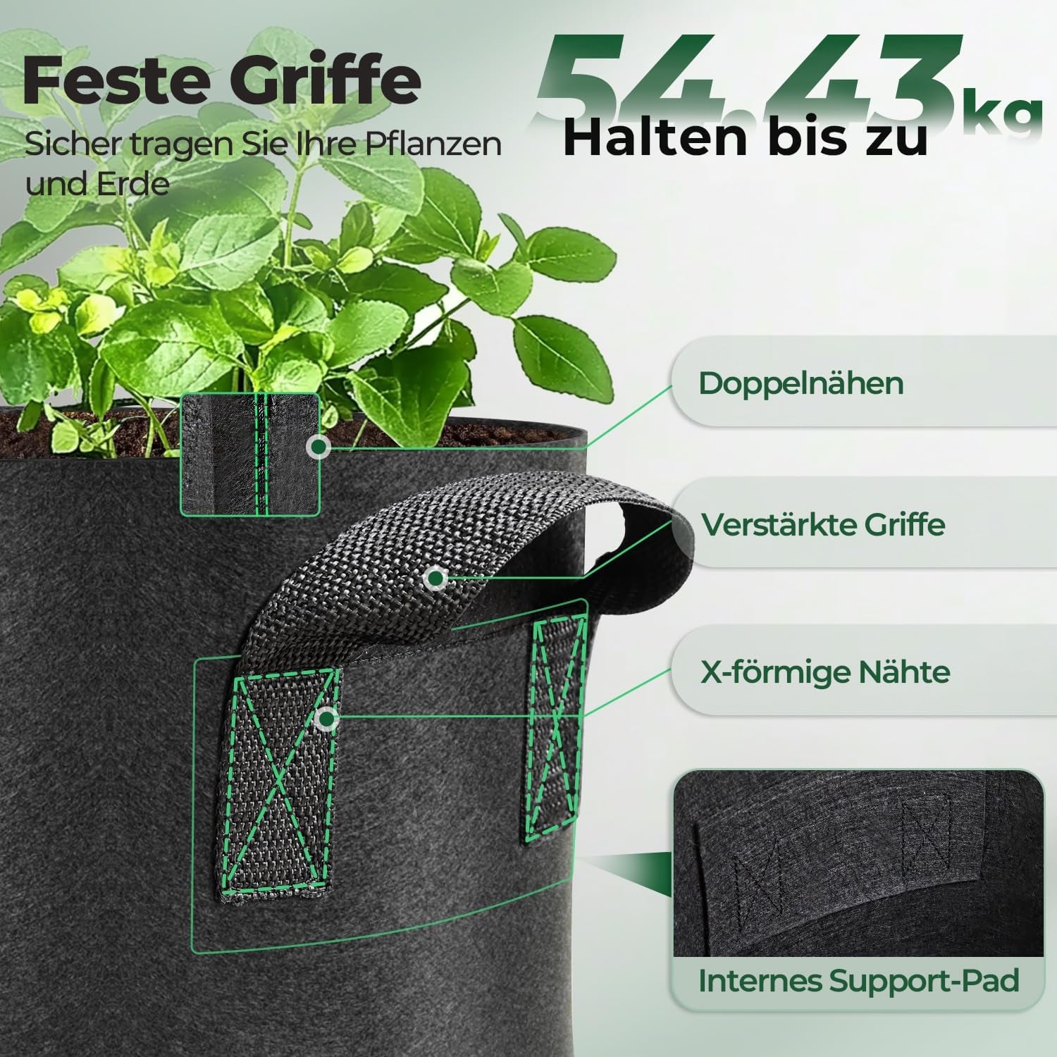 Various vegetables like potatoes, tomatoes, or bell peppers actively growing in the 10-gallon black grow bags in an outdoor garden setting.